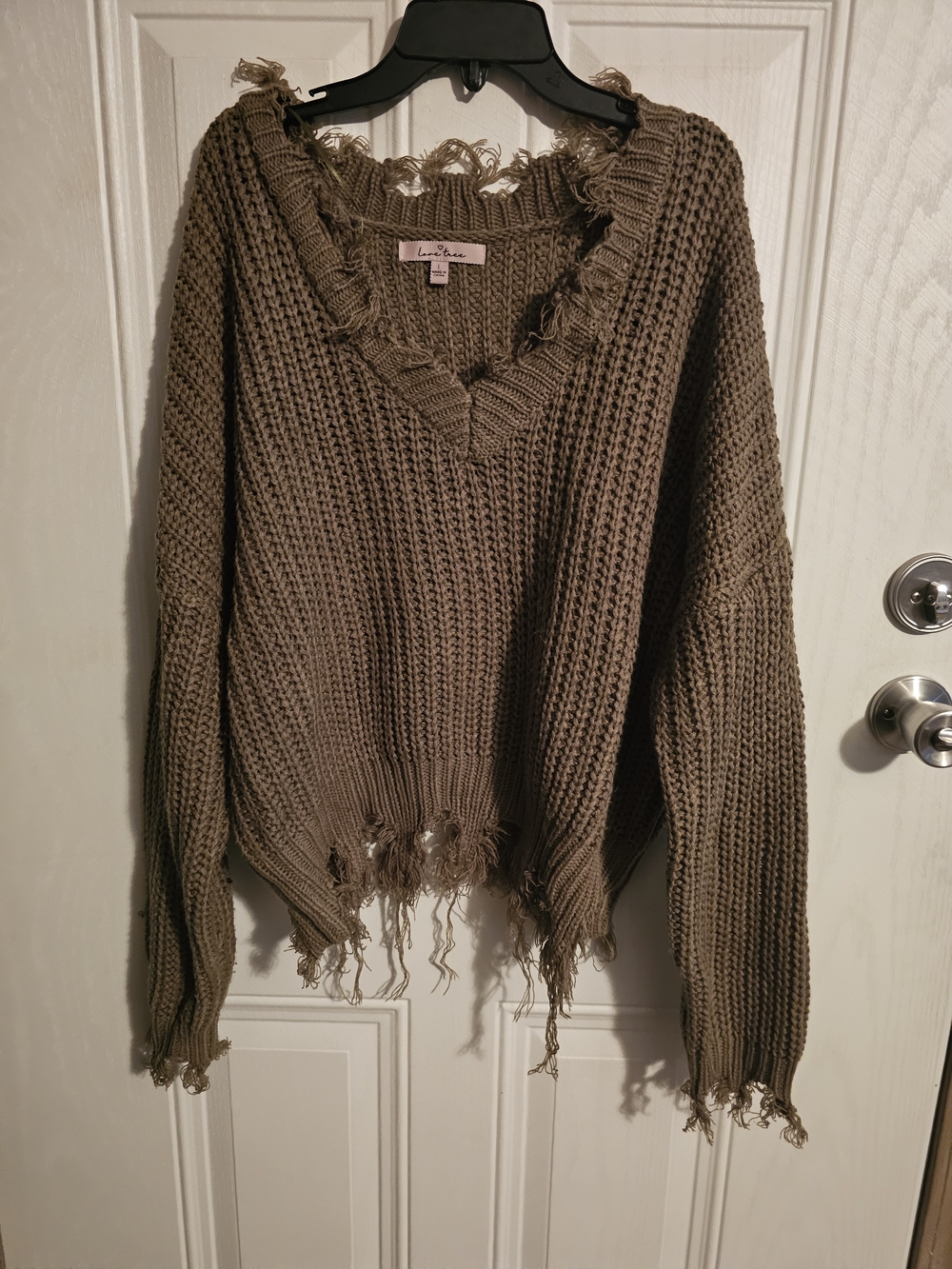 Love Tree Distressed V-Neck Chunky Knit Sweater in Olive Brown